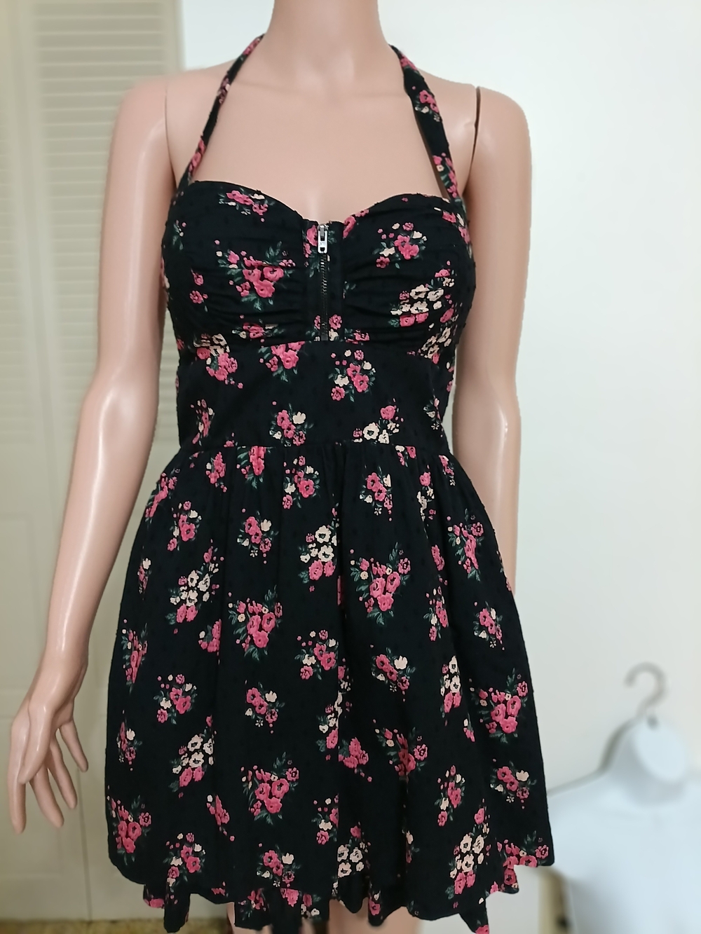 Guess Black Floral Halter Mini Dress with Pink Accents